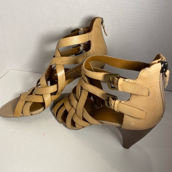 Franco Sarto Tan Leather Open Toe Strappy Heels - Picture 3 of 5